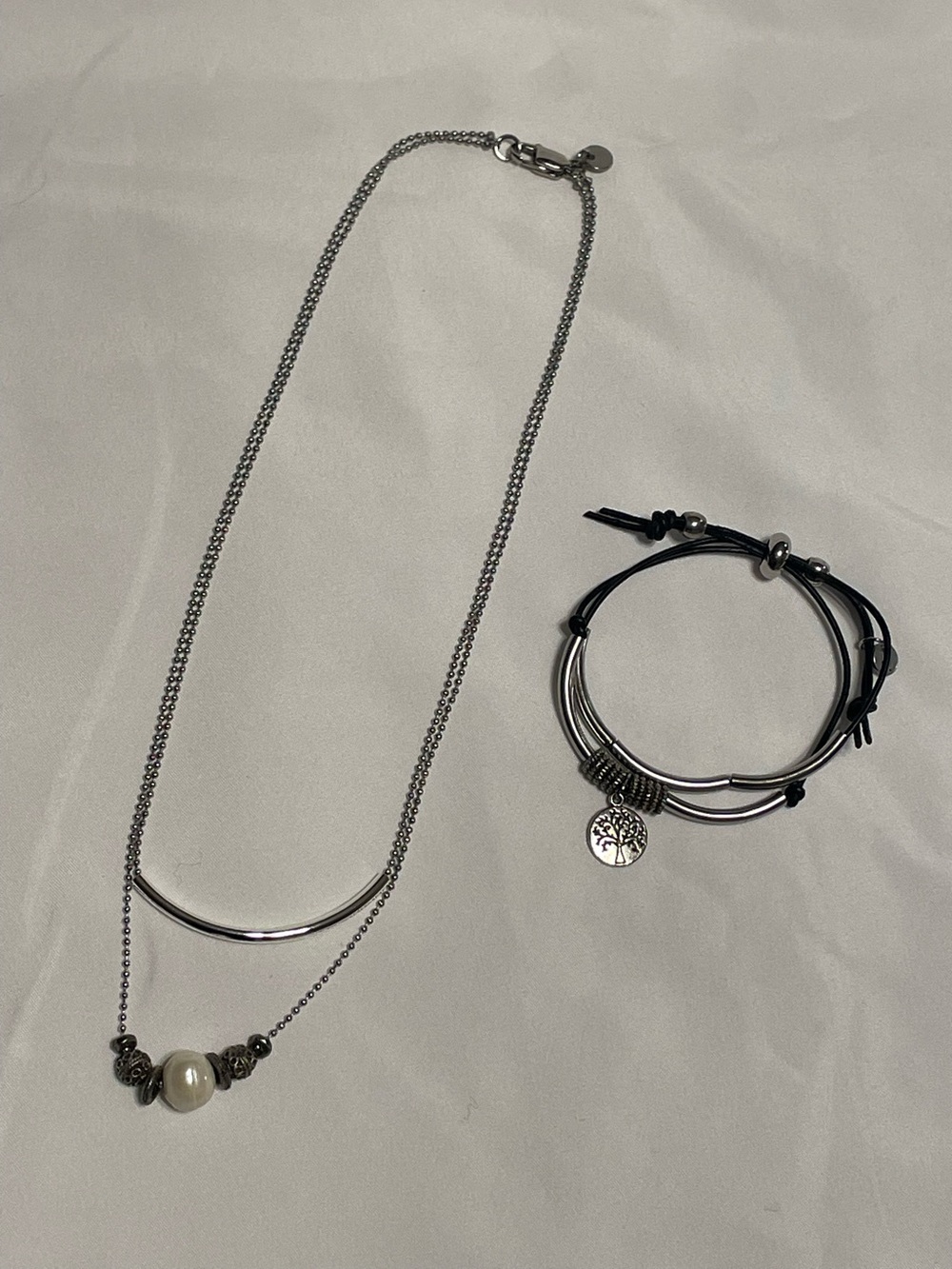 Silver-Tone Layered Necklace and Charm Bracelet Set - White Pearl Accent